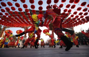 Chinese dancing troupe celebrating