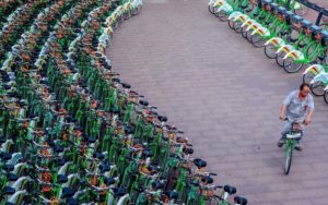 rows of shared bikes in china