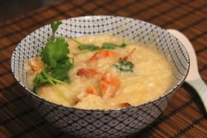 Chinese seafood porridge in a bowl