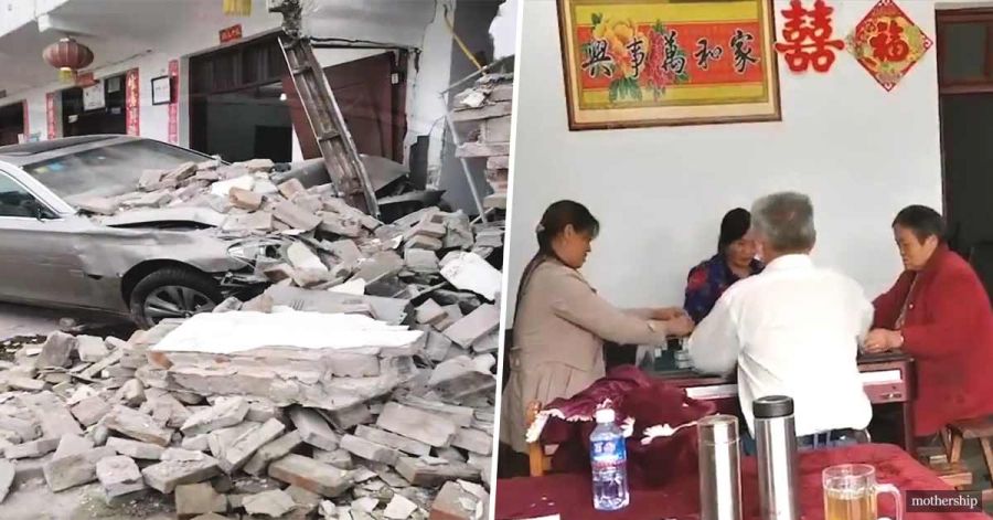 left image shows car crashed into house, right image shows people playing mahjong