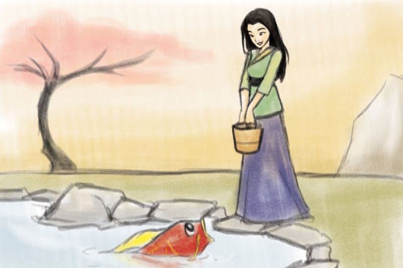 cinderella by pond with fish